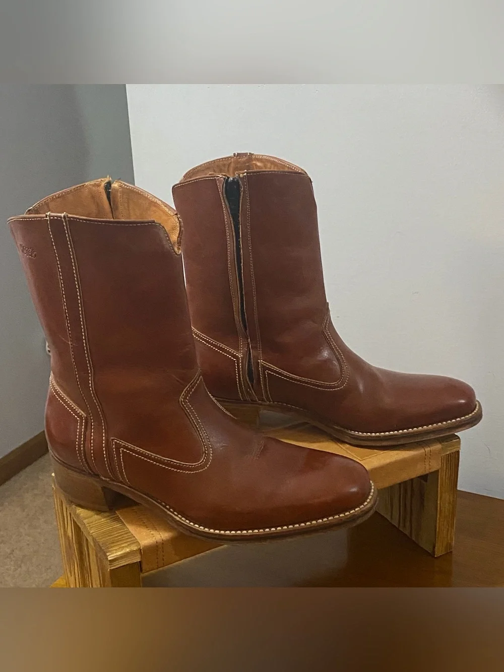 Florsheim Weeds Vintage 70s Brown Leather Cowboy Roper Boots Men’s 8 D‎ Side Zip